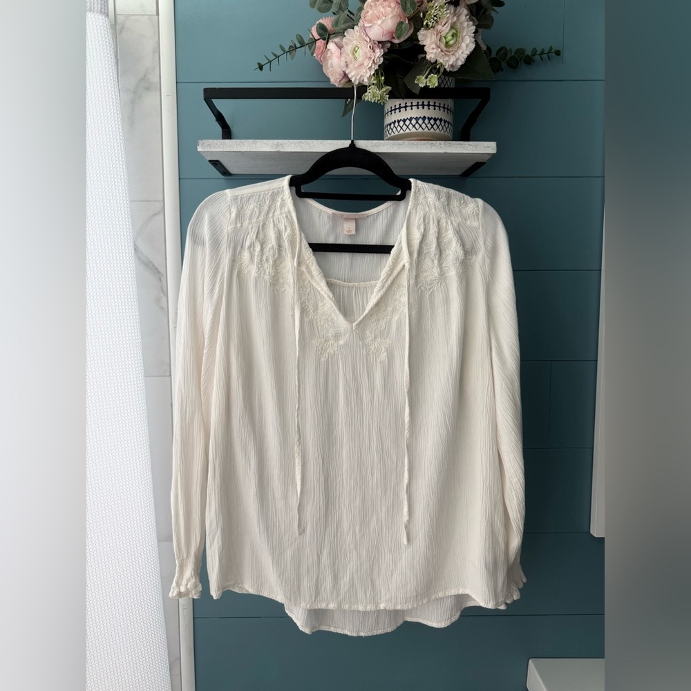 Knox Rose Embroidered Boho Peasant Blouse Cream Ivory - Size Small